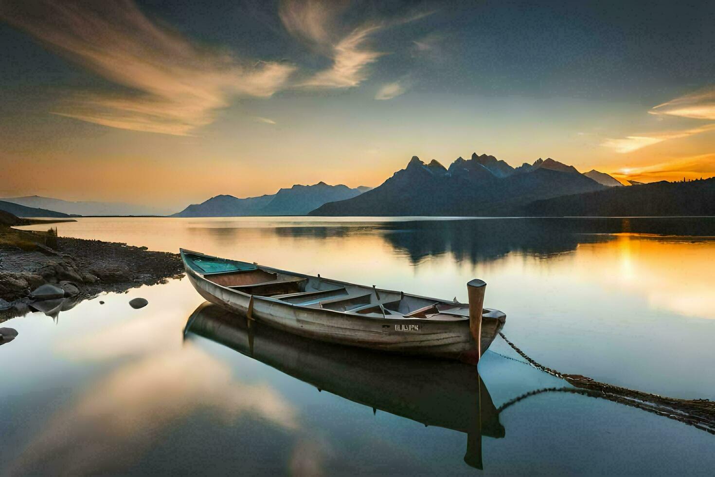 de båt är förankrade i de lugna vattnen av de sjö. ai-genererad foto