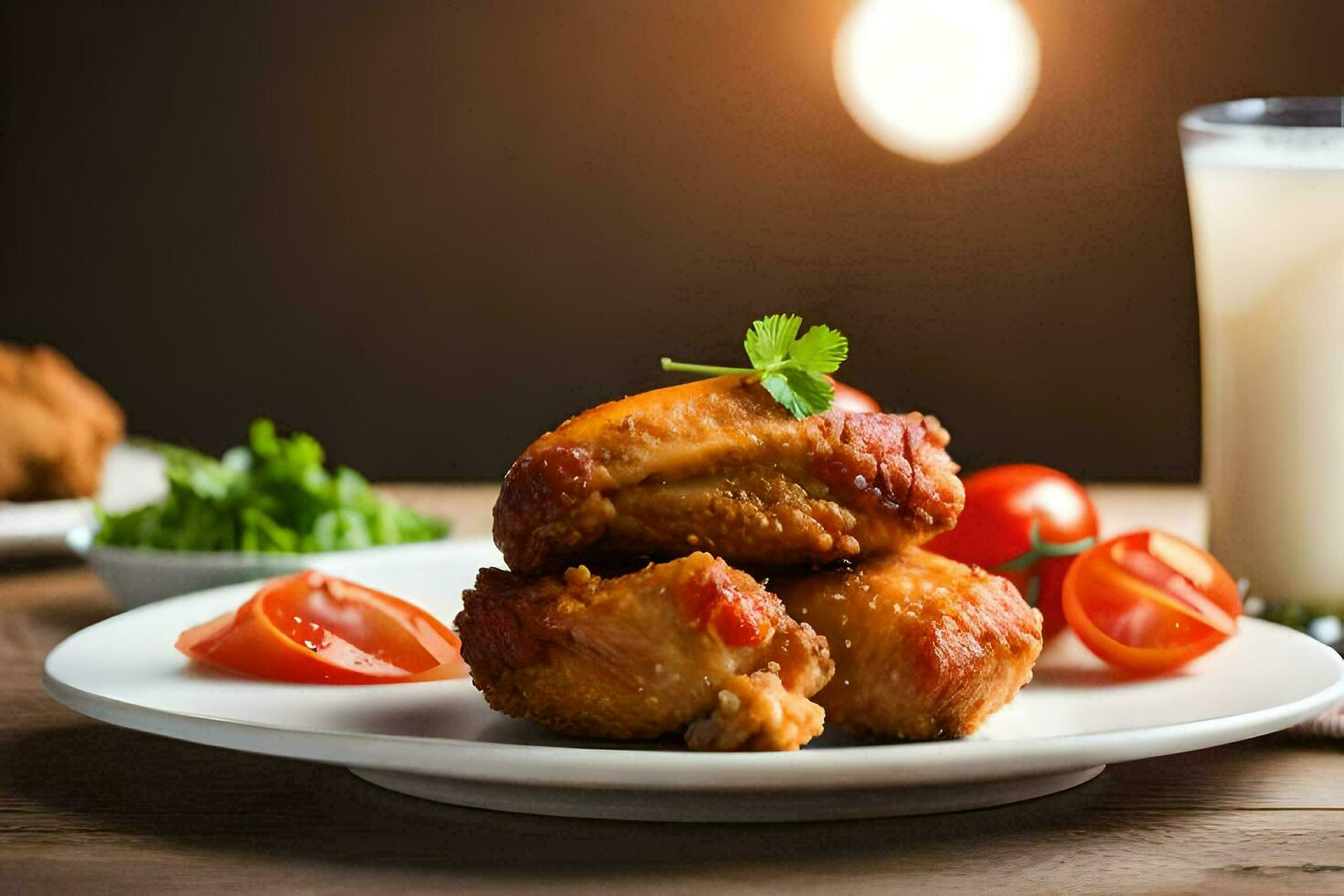 en tallrik av kyckling vingar med tomater och en glas av mjölk. ai-genererad foto