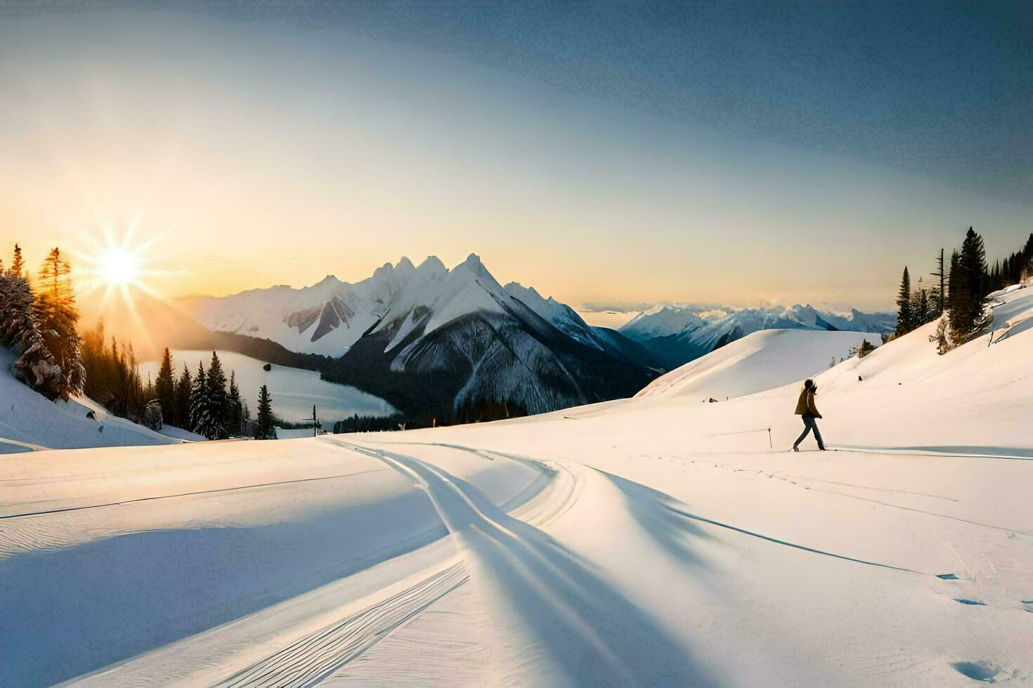 en person gående tvärs över en snö täckt berg på solnedgång. ai-genererad foto
