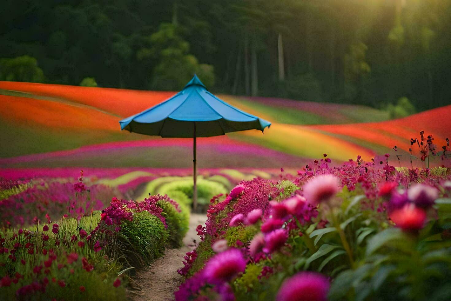 en färgrik fält med ett paraply och blommor. ai-genererad foto