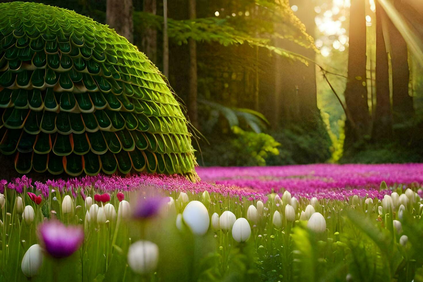 en grön och lila fält med blommor och träd. ai-genererad foto