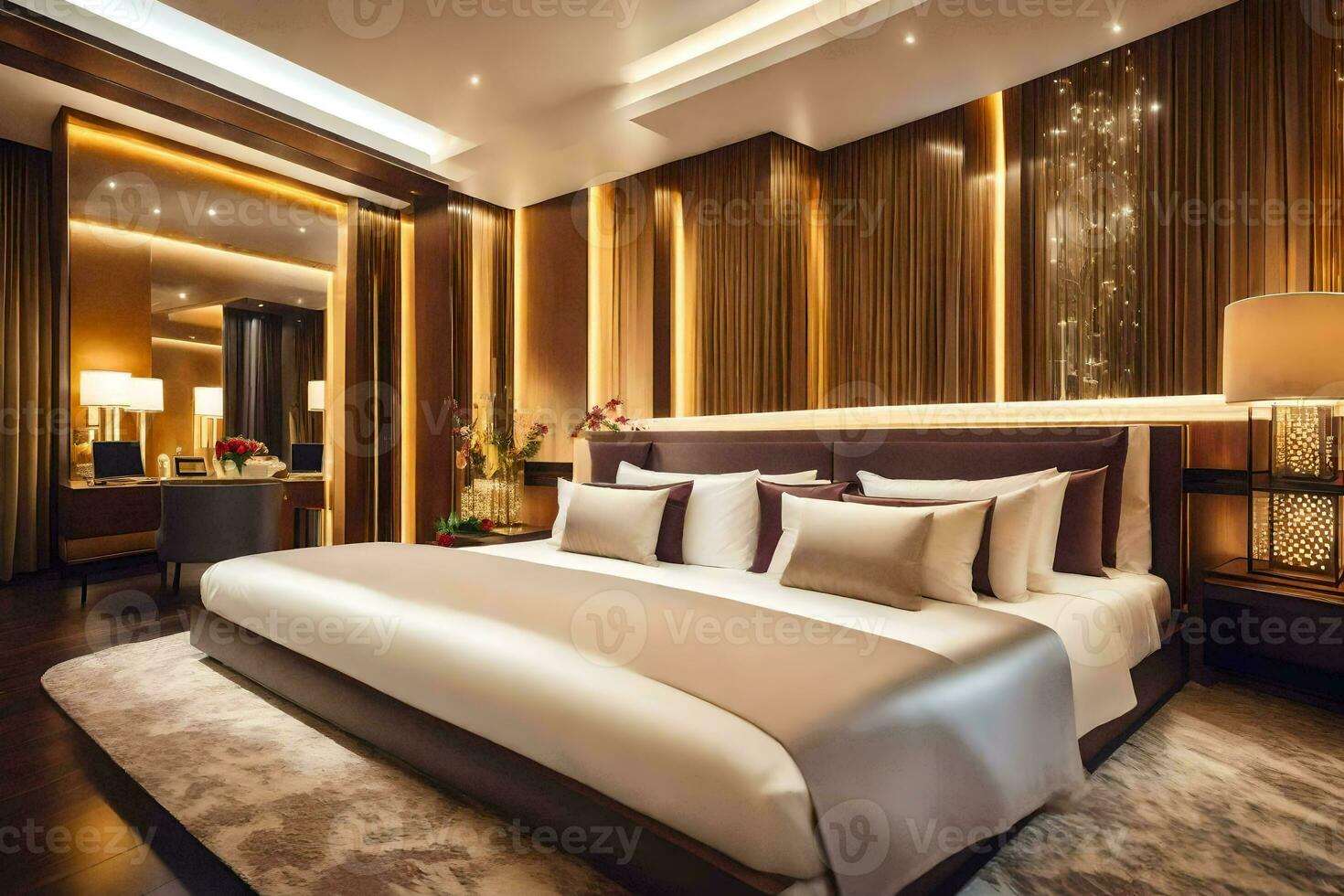 en säng eller sängar i en rum på de ritz Carlton beijing. ai-genererad foto