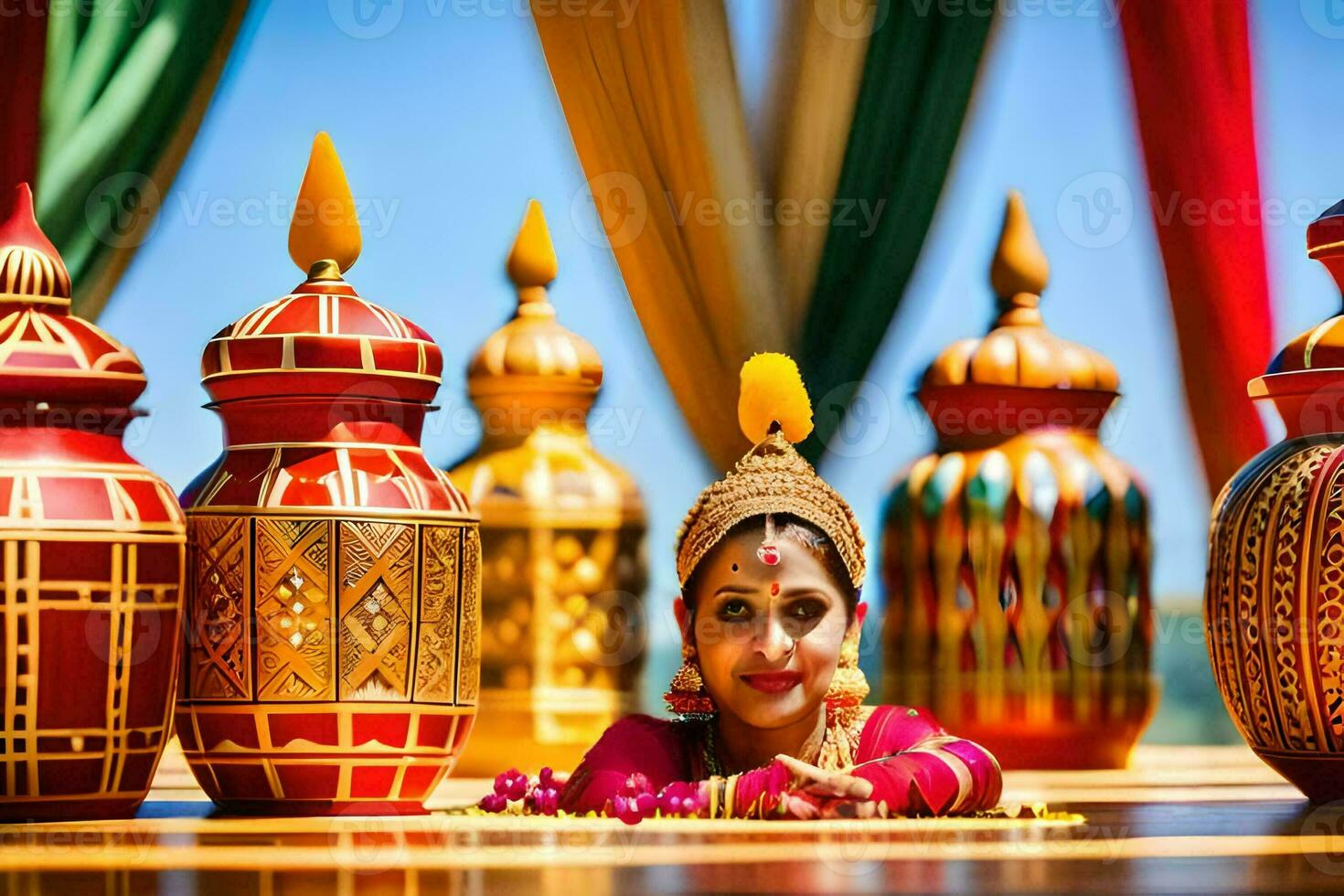 en kvinna i traditionell indisk klänning Sammanträde på en tabell med färgrik krukor. ai-genererad foto