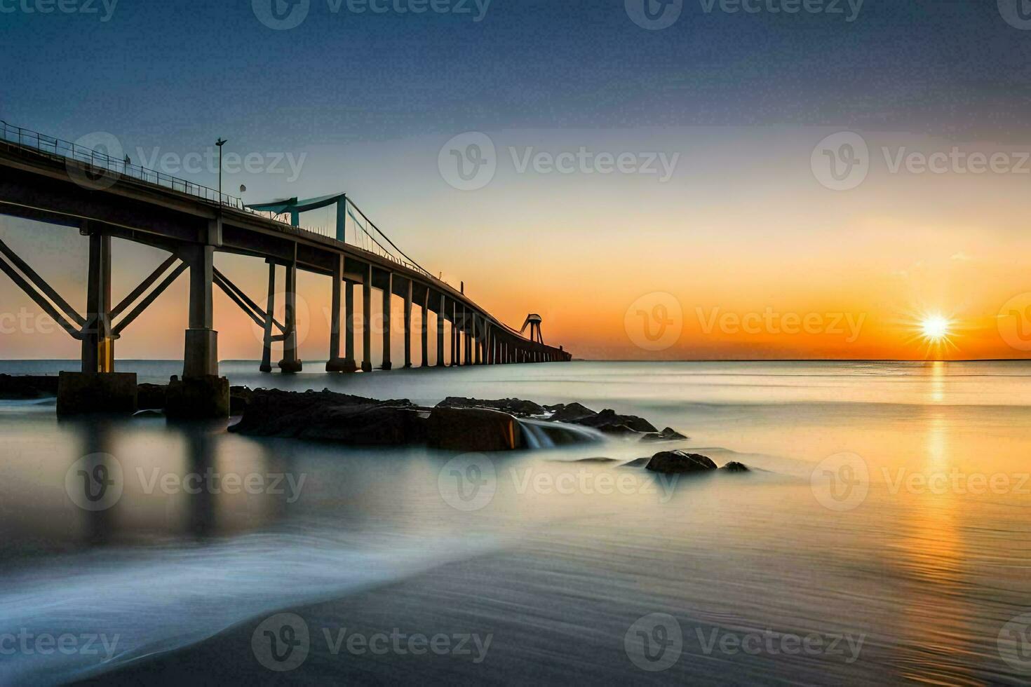 de Sol uppsättningar över de hav och pir på de strand. ai-genererad foto