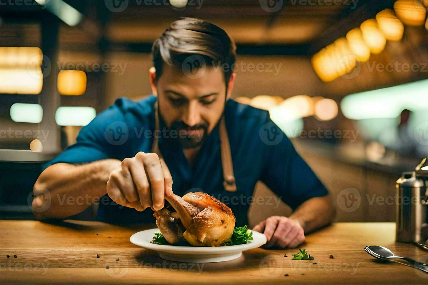 en man är äter en steka kyckling på en tallrik. ai-genererad foto