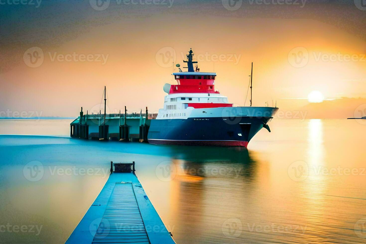 en bogserbåt båt är dockad på de slutet av en docka. ai-genererad foto