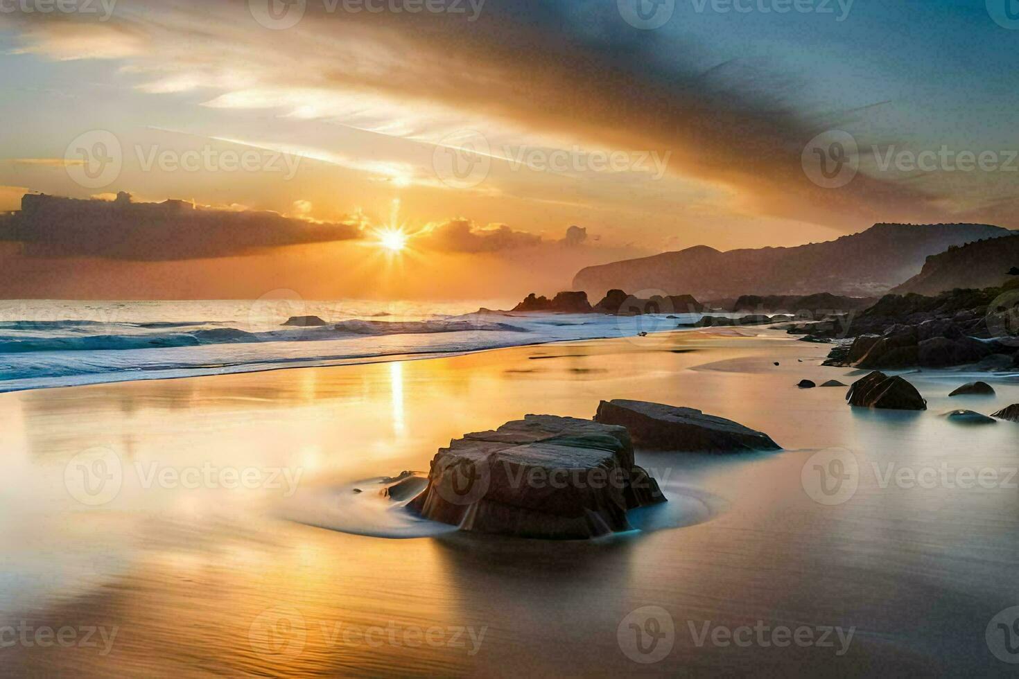 de Sol uppsättningar över de hav och stenar på de strand. ai-genererad foto