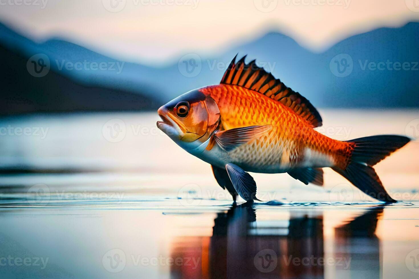 en fisk är stående på de vatten med bergen i de bakgrund. ai-genererad foto