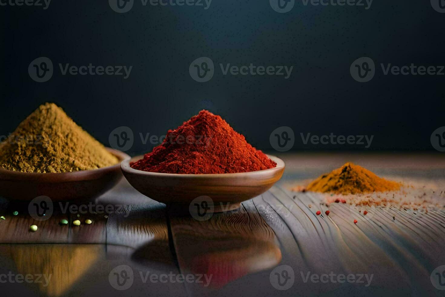 kryddor i trä- skålar på en mörk bakgrund. ai-genererad foto