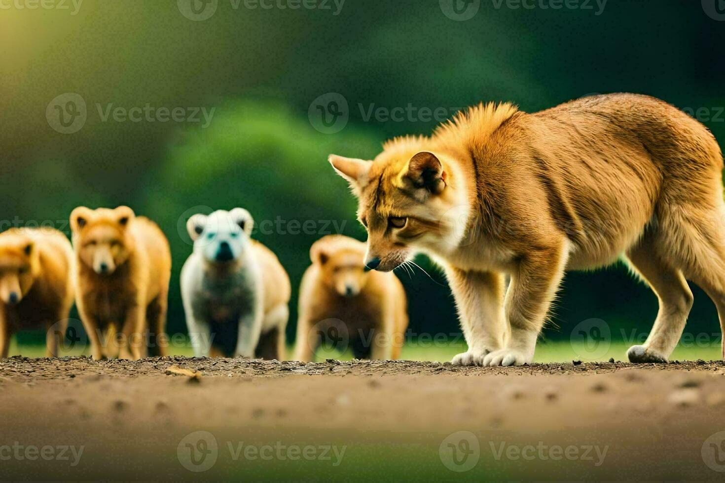 en grupp av hundar stående i en fält. ai-genererad foto