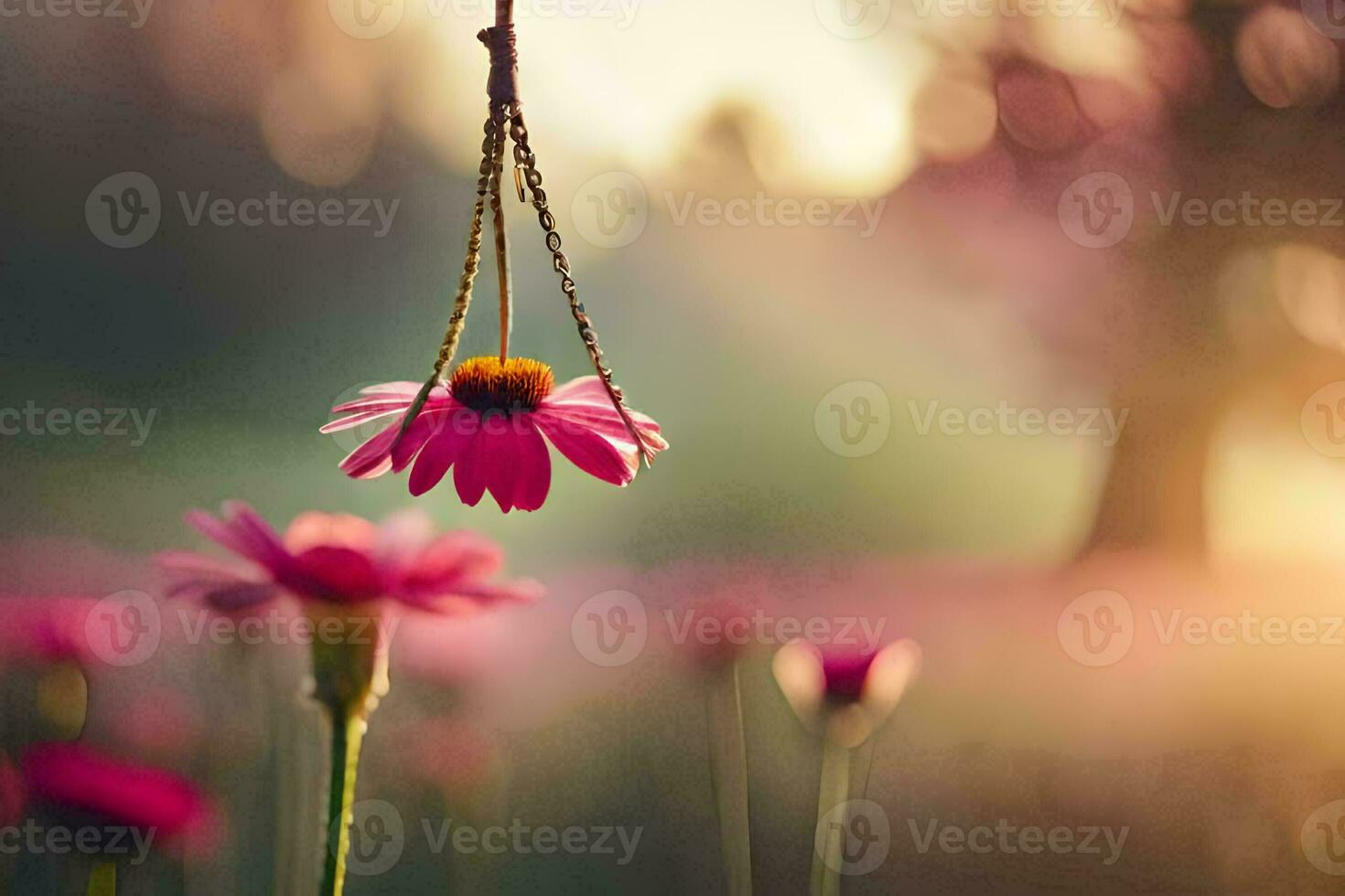 rosa blommor hängande från en kedja i en fält. ai-genererad foto