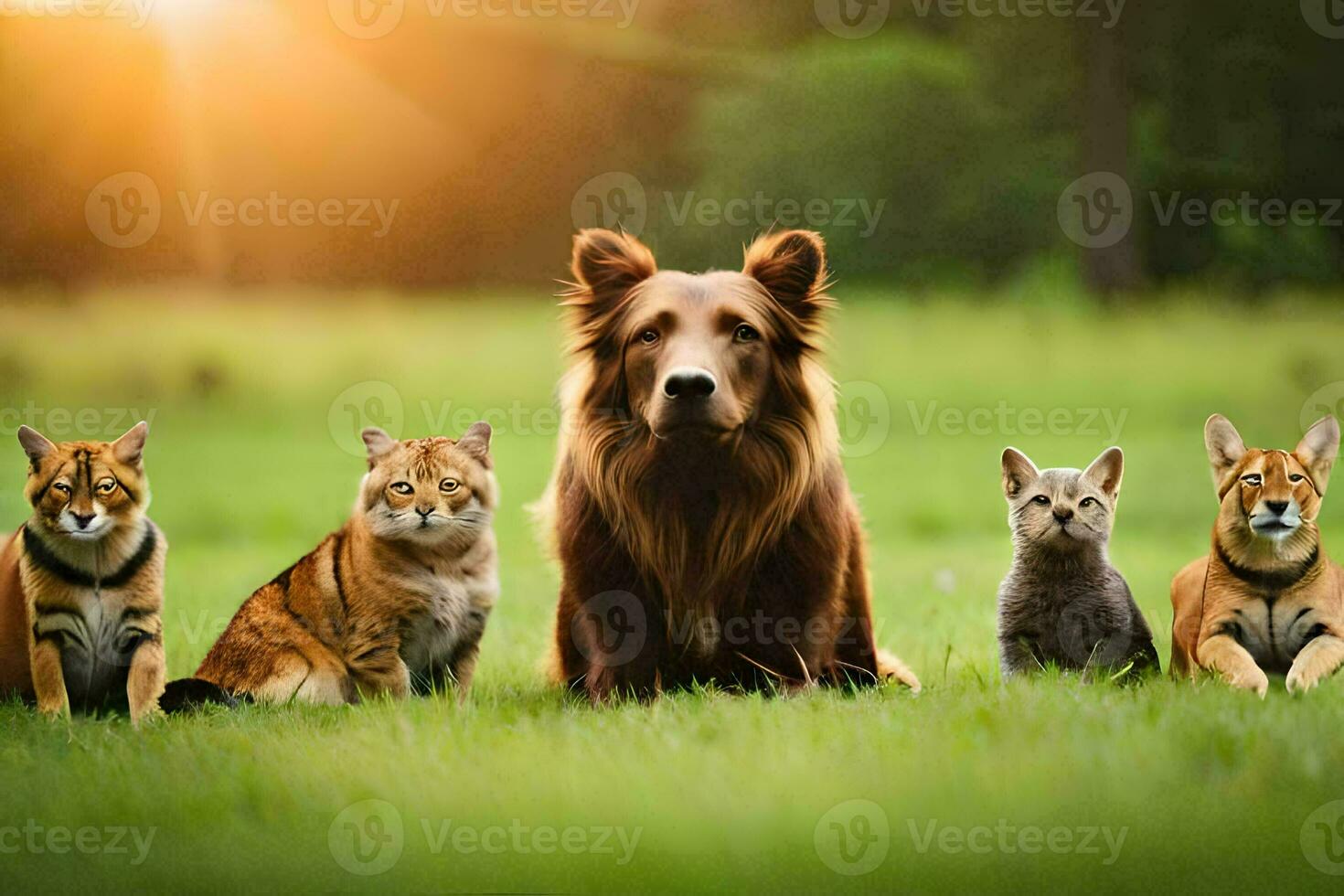 en hund och katter Sammanträde i de gräs. ai-genererad foto