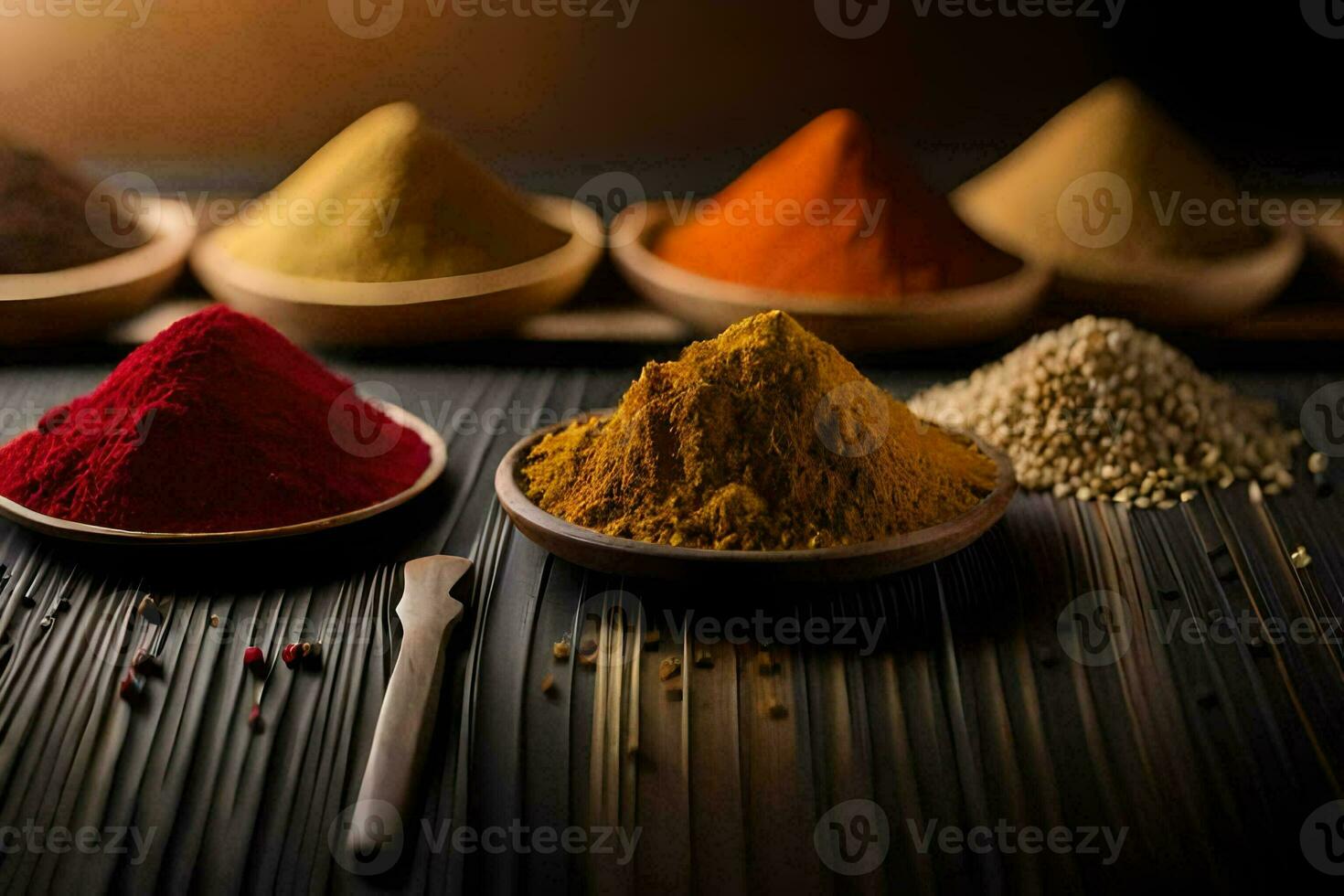 olika kryddor i skålar på en tabell. ai-genererad foto