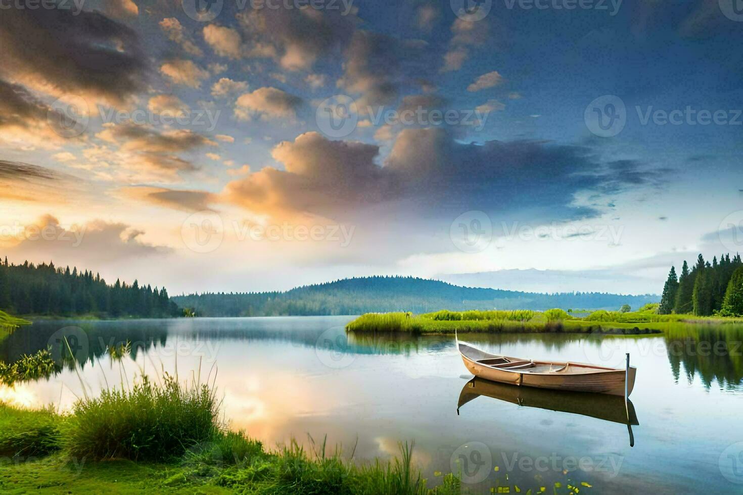 de båt på de sjö. ai-genererad foto