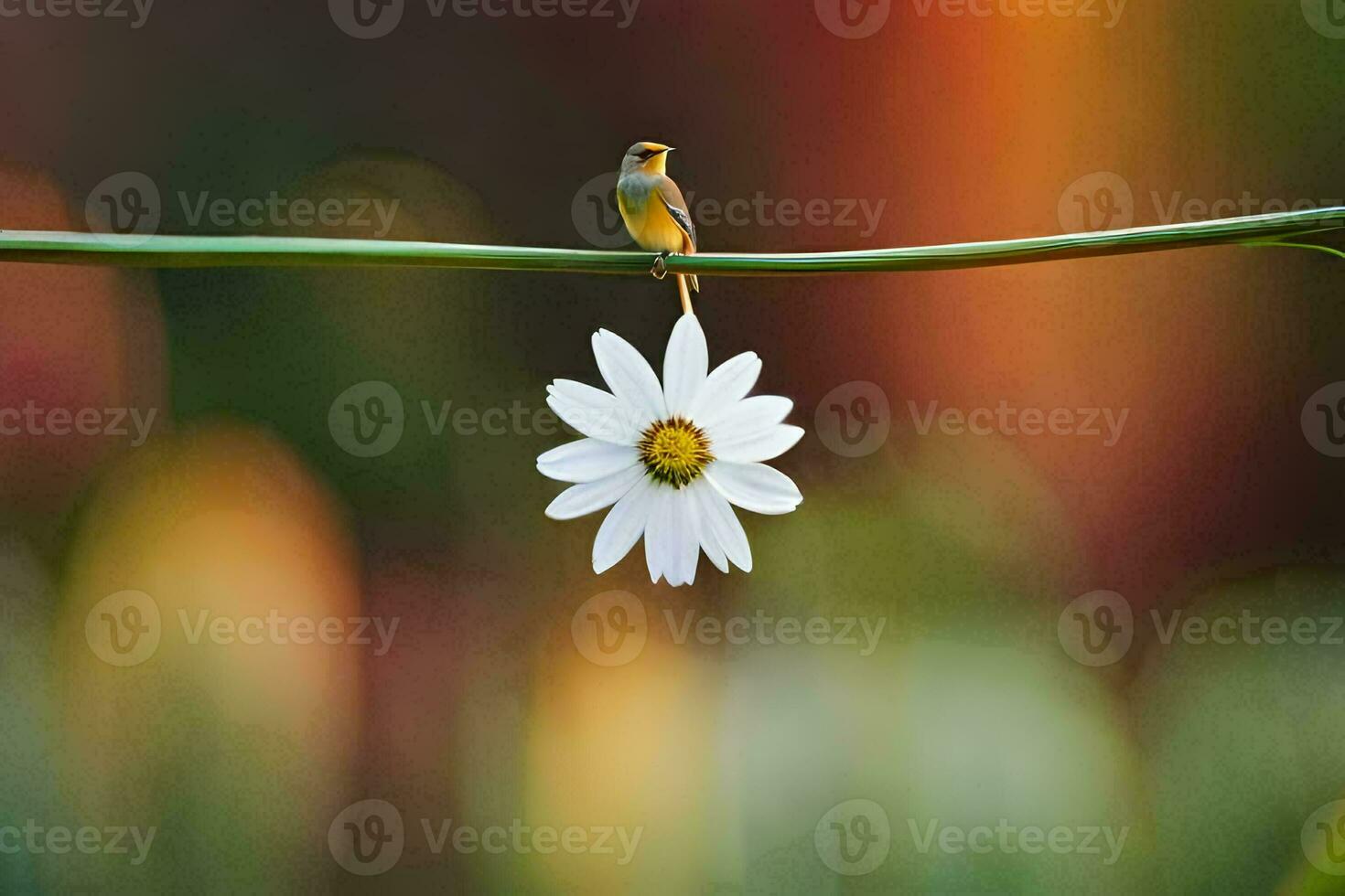 en fågel sitter på en blomma stam med en blomma i de bakgrund. ai-genererad foto