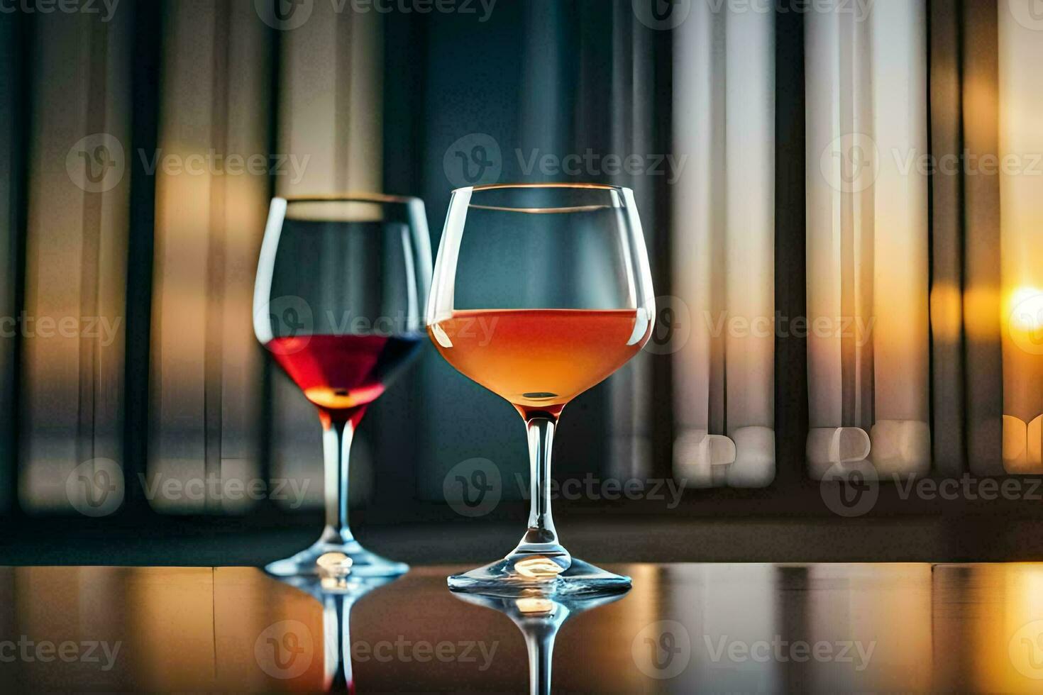 två glasögon av vin på en tabell i främre av en fönster. ai-genererad foto