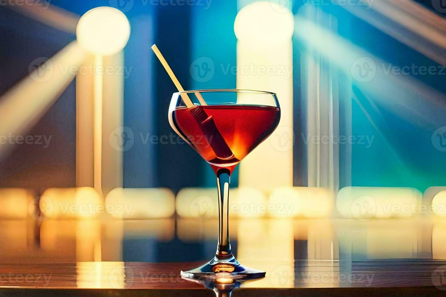 en cocktail i en glas på en tabell med lampor. ai-genererad foto