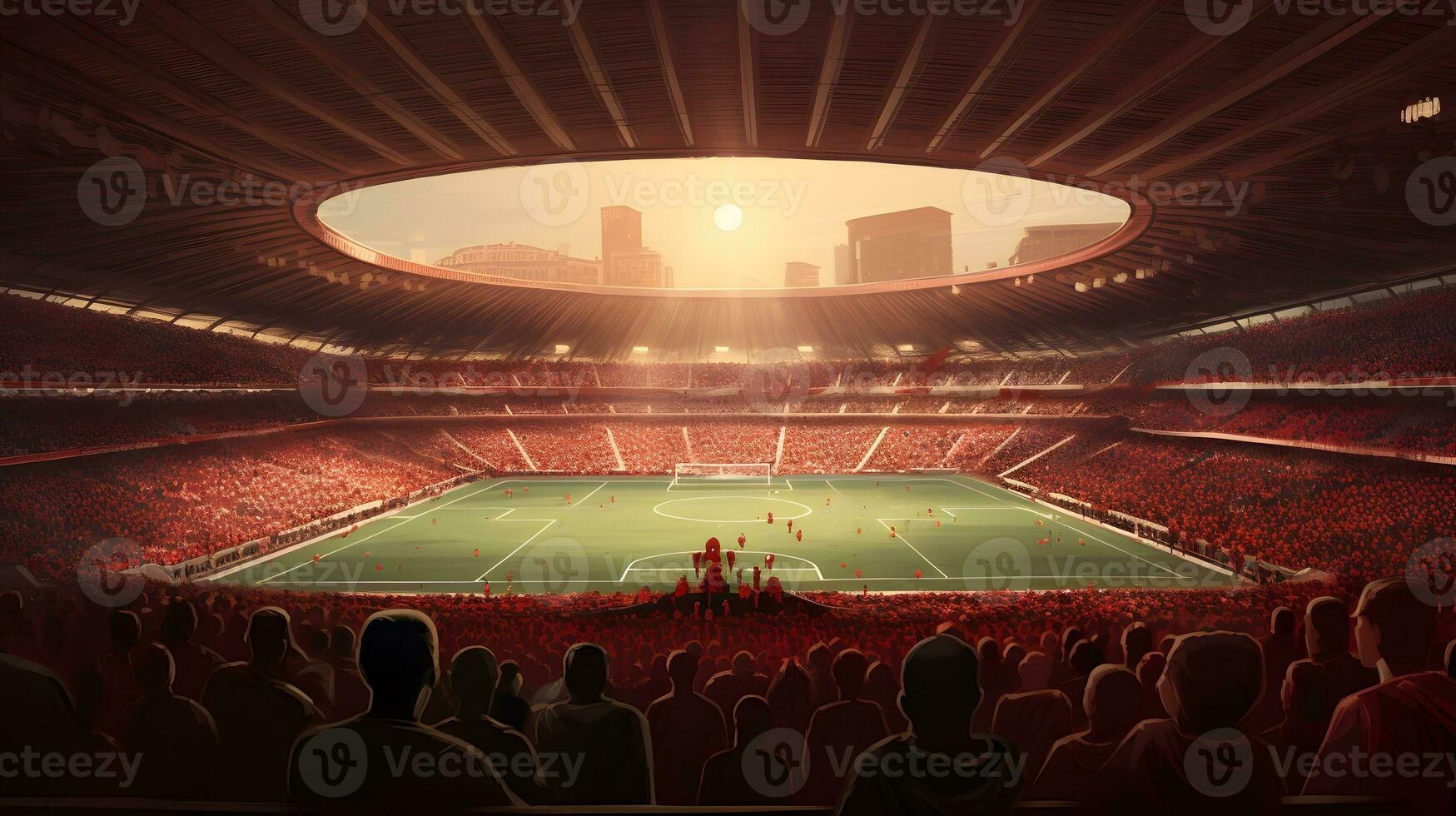 fotboll stadion full av fläktar på solnedgång ai genererad foto