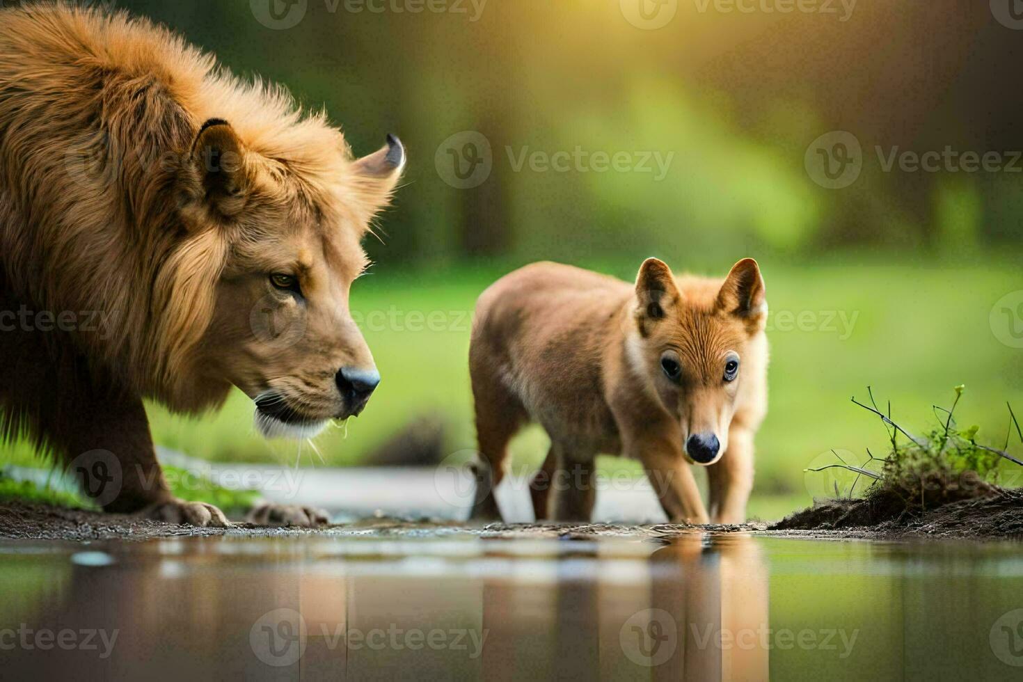 en lejon och en hund stående Nästa till varje Övrig. ai-genererad foto