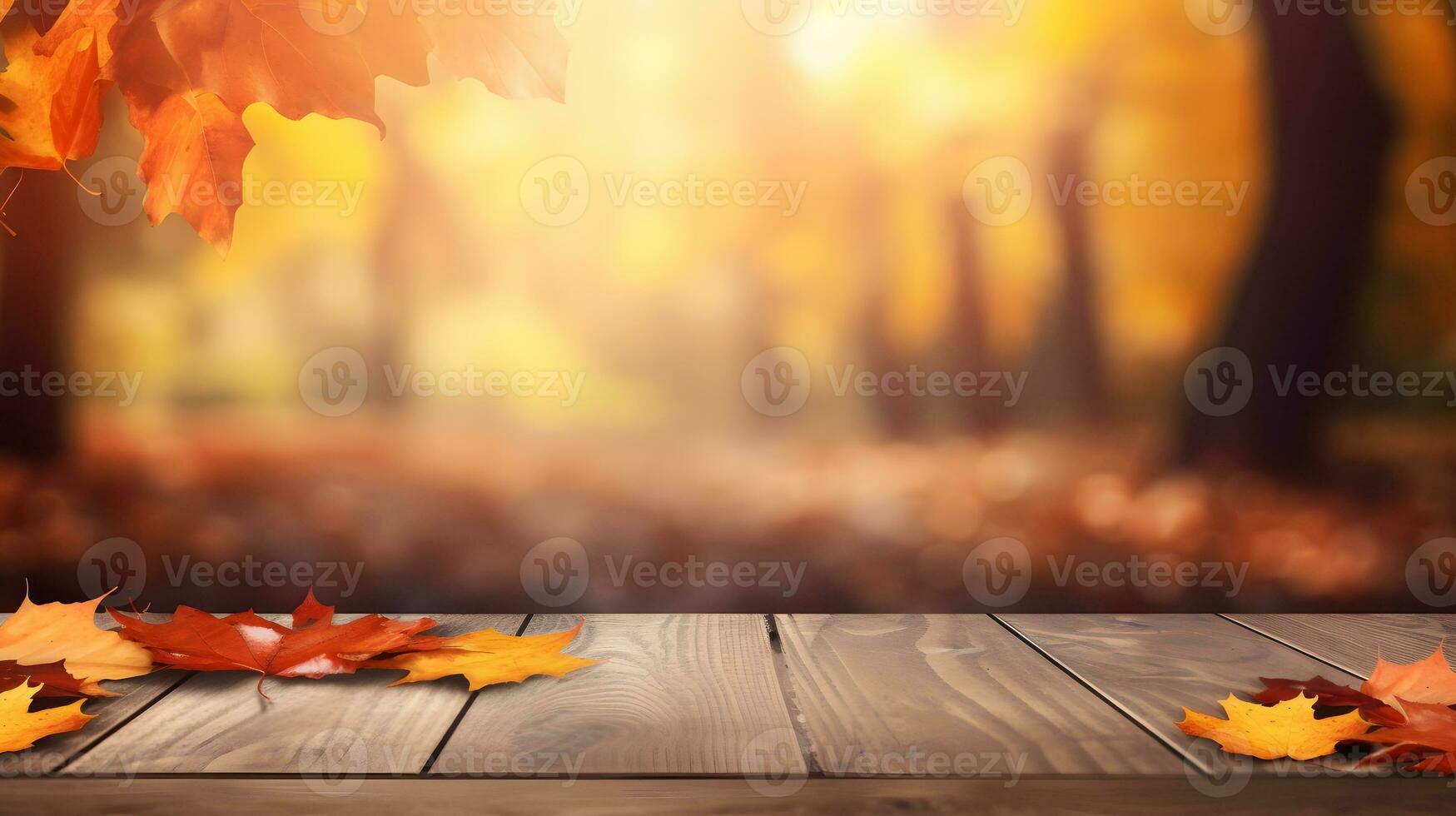 trä- tabell och höst löv på bokeh bakgrund. höst begrepp ai genererad foto