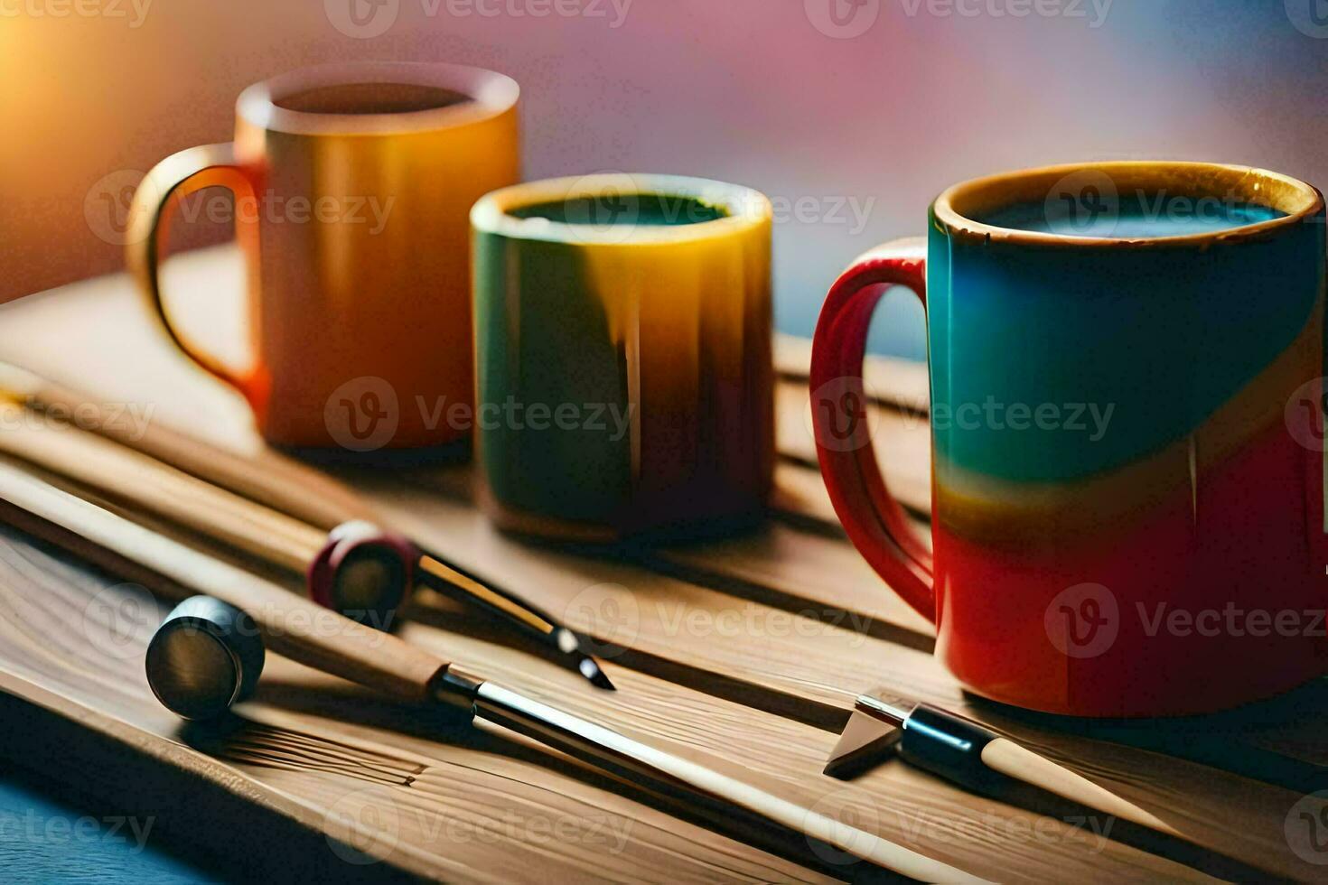 färgrik kaffe muggar och trä- verktyg på en tabell. ai-genererad foto