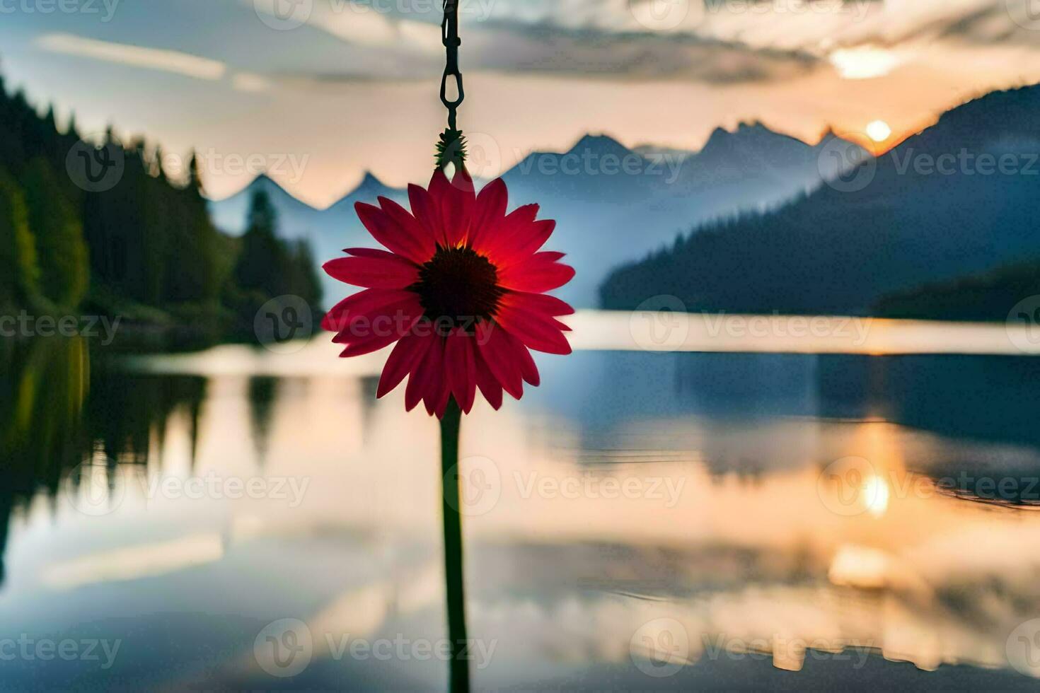 en röd blomma hängande från en krok i främre av en sjö. ai-genererad foto