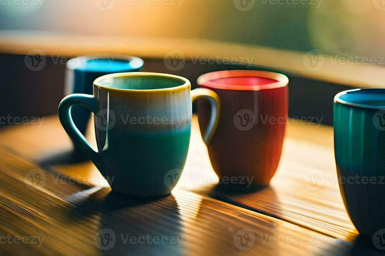 färgrik kaffe koppar på en trä- tabell. ai-genererad foto