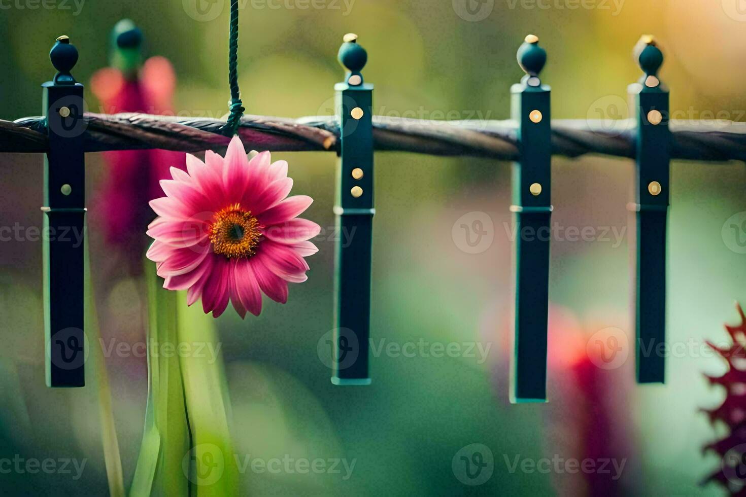 en rosa blomma är hängande från en tråd. ai-genererad foto