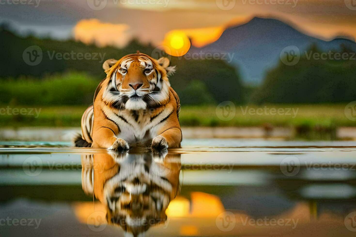 en tiger är reflekterad i de vatten på solnedgång. ai-genererad foto