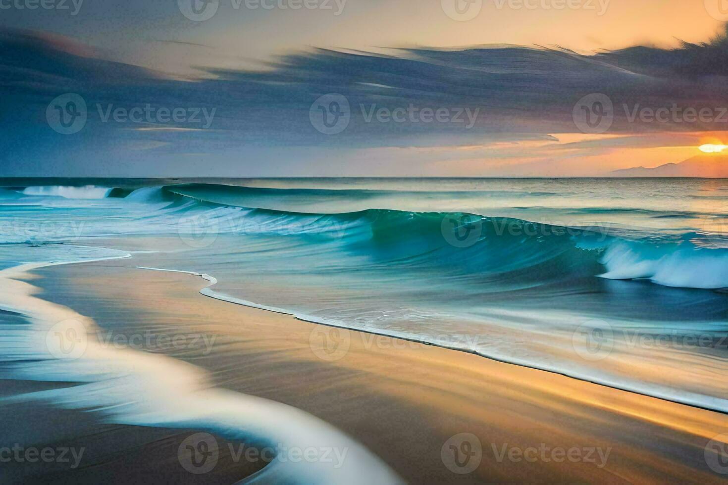 en skön solnedgång över de hav med vågor. ai-genererad foto
