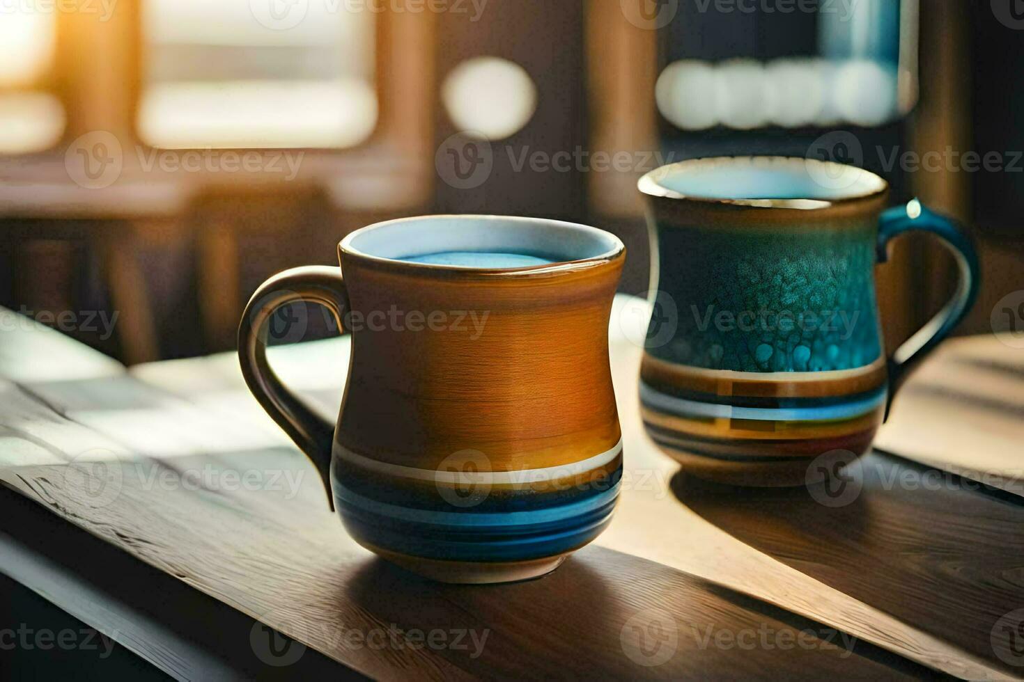 två kaffe muggar på en trä- tabell. ai-genererad foto