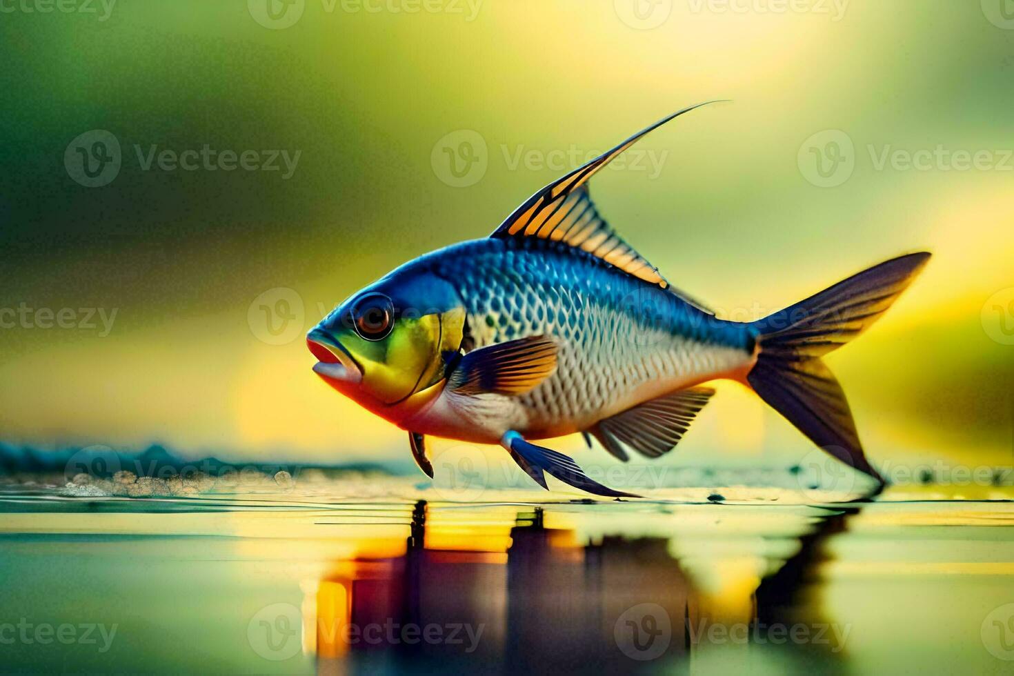 en fisk är stående på de vatten med en grön bakgrund. ai-genererad foto