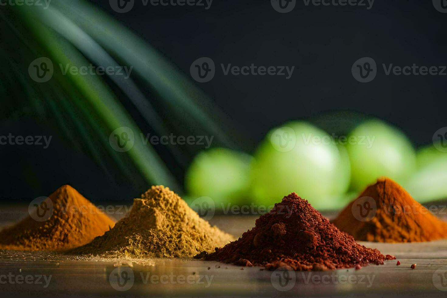 tre annorlunda typer av kryddor på en trä- tabell. ai-genererad foto