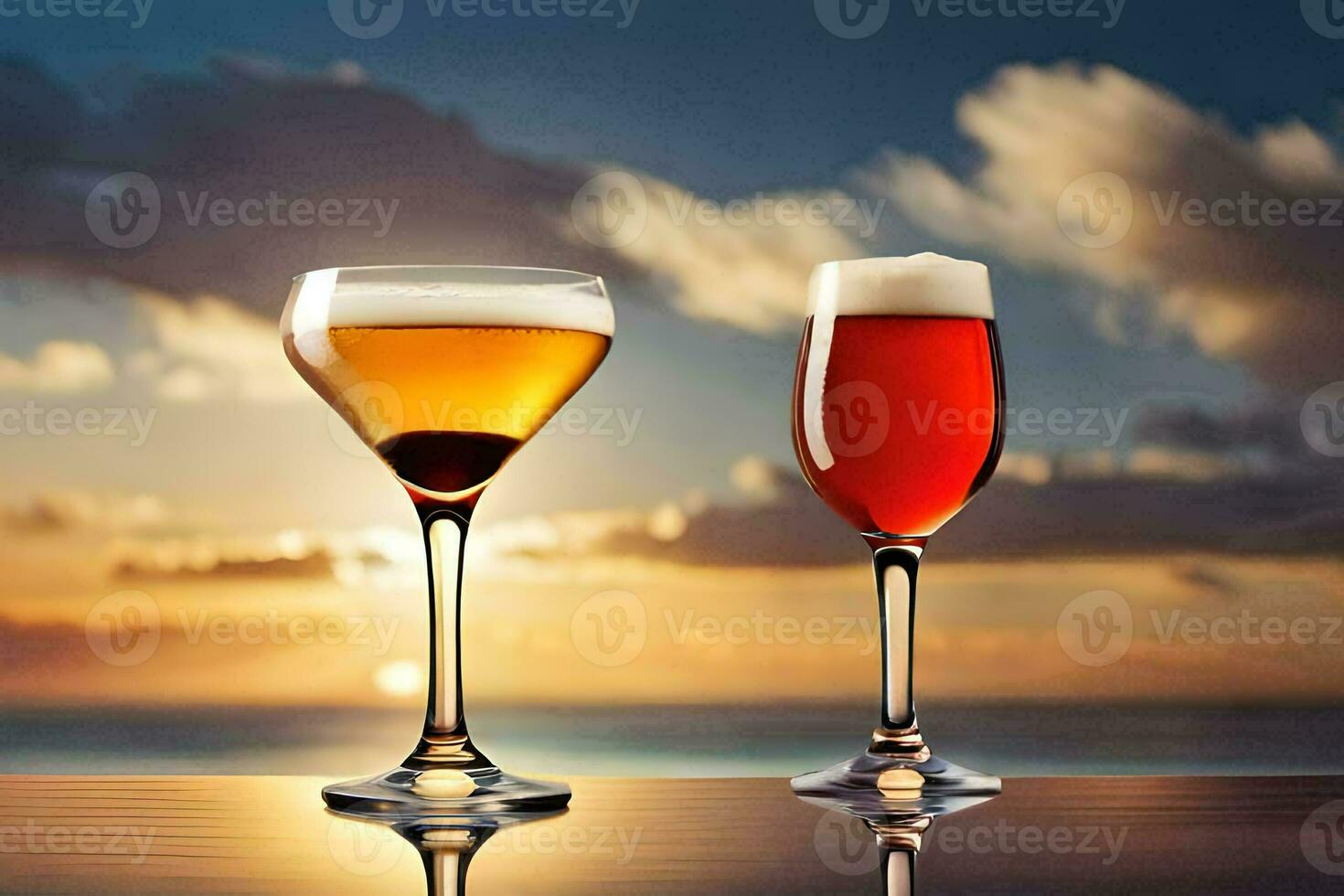 två glasögon av alkohol är på en tabell med de Sol miljö Bakom dem. ai-genererad foto