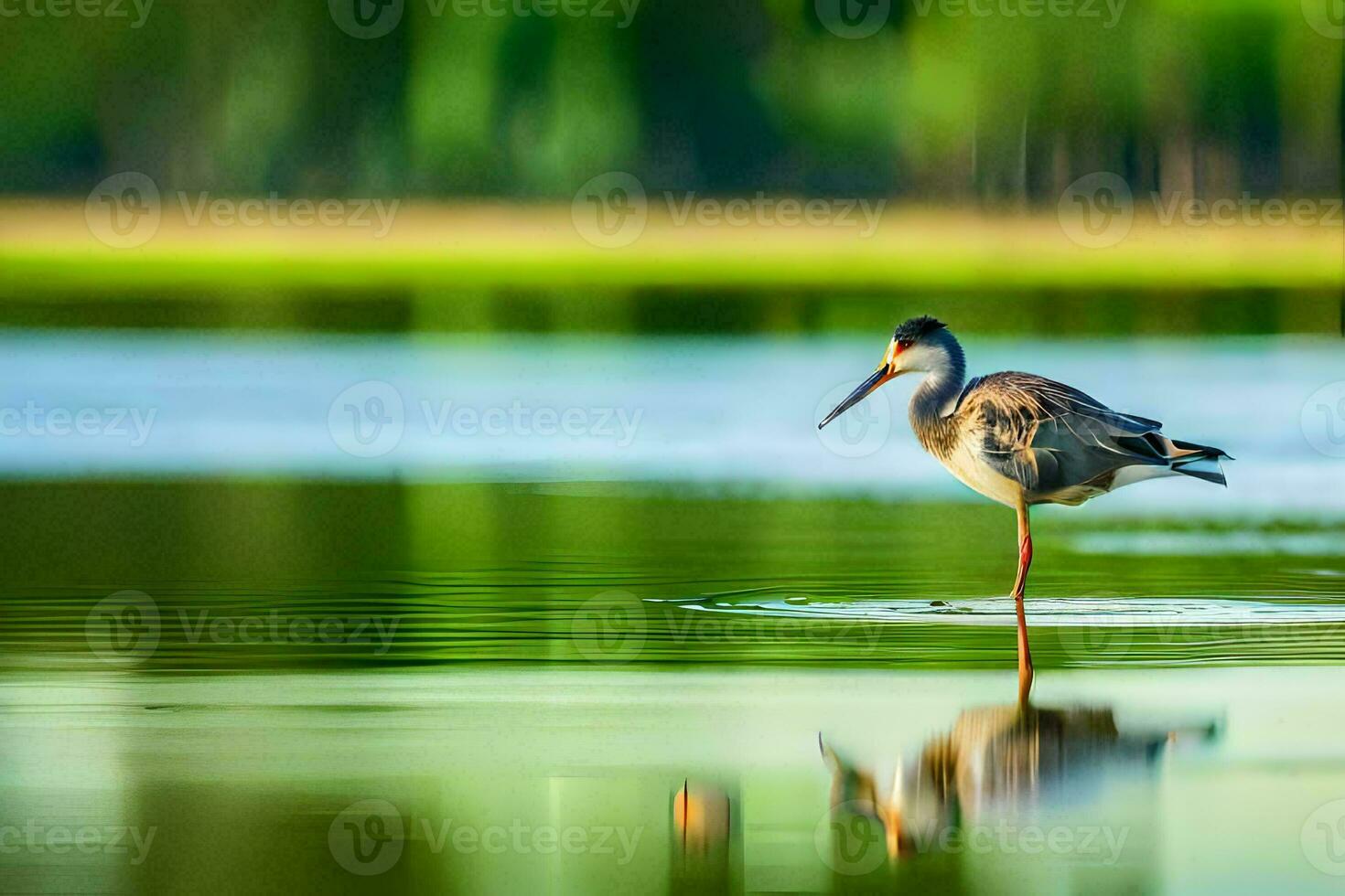 en fågel stående i de vatten med dess reflexion. ai-genererad foto