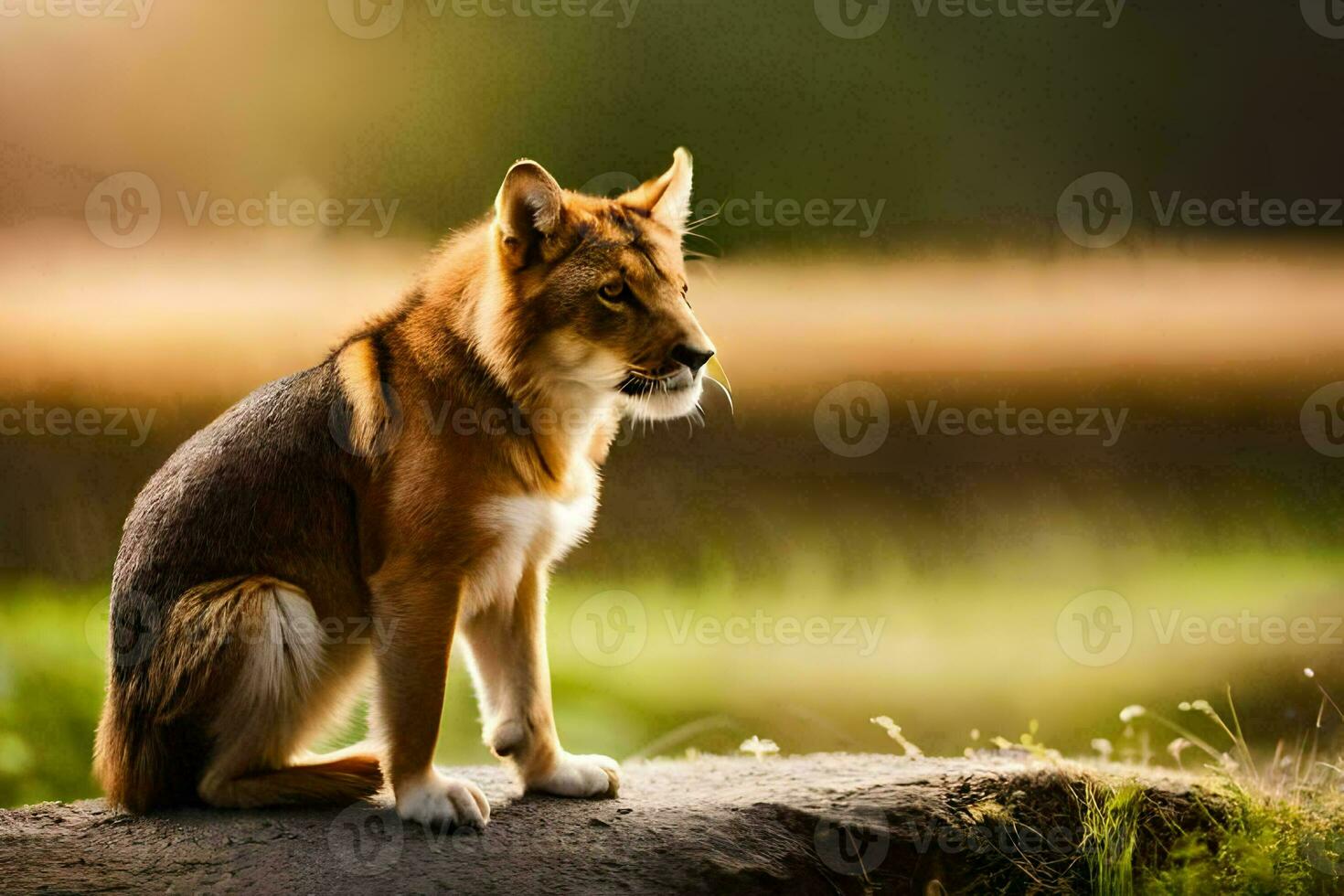 en Varg Sammanträde på en sten i de mitten av en fält. ai-genererad foto