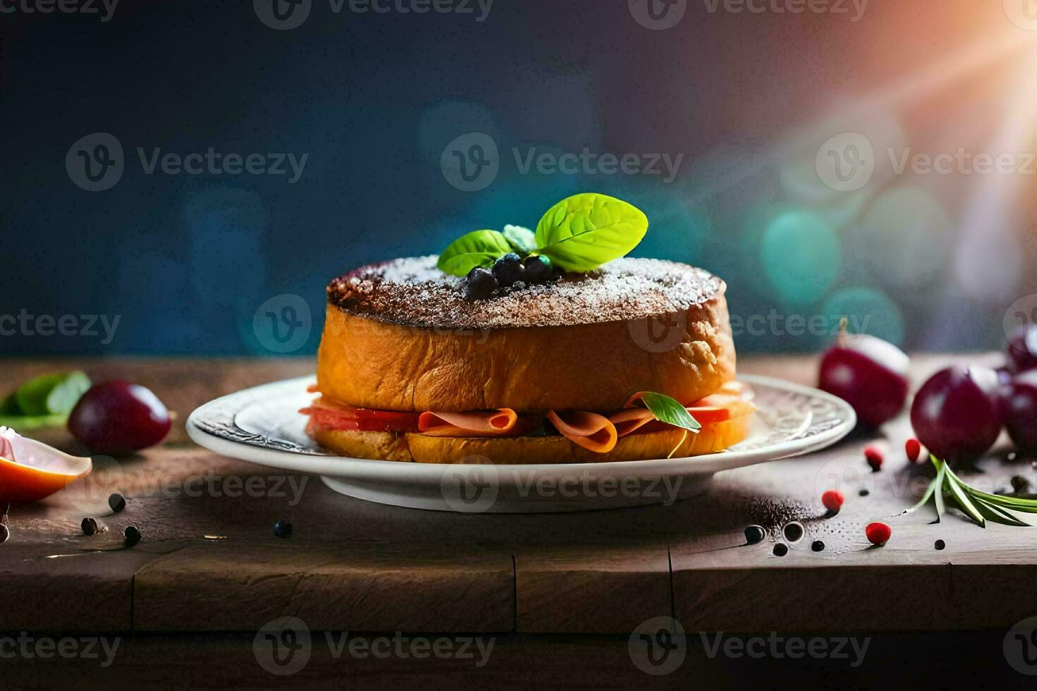 en kaka på en tallrik med vindruvor och bär. ai-genererad foto