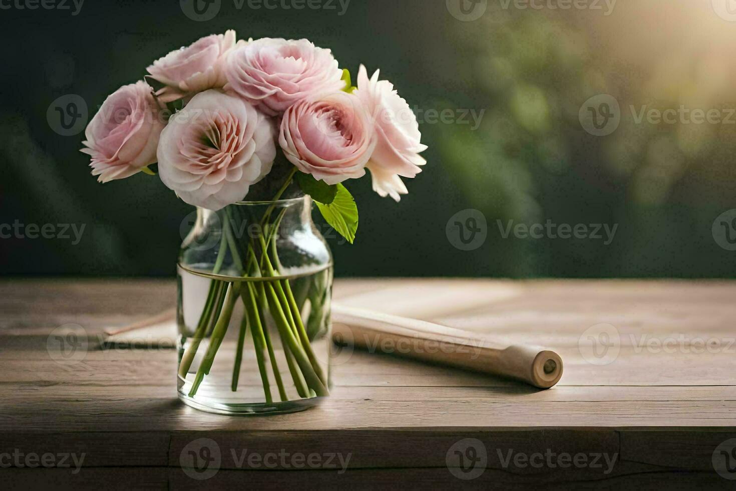 rosa blommor i en glas vas på en trä- tabell. ai-genererad foto