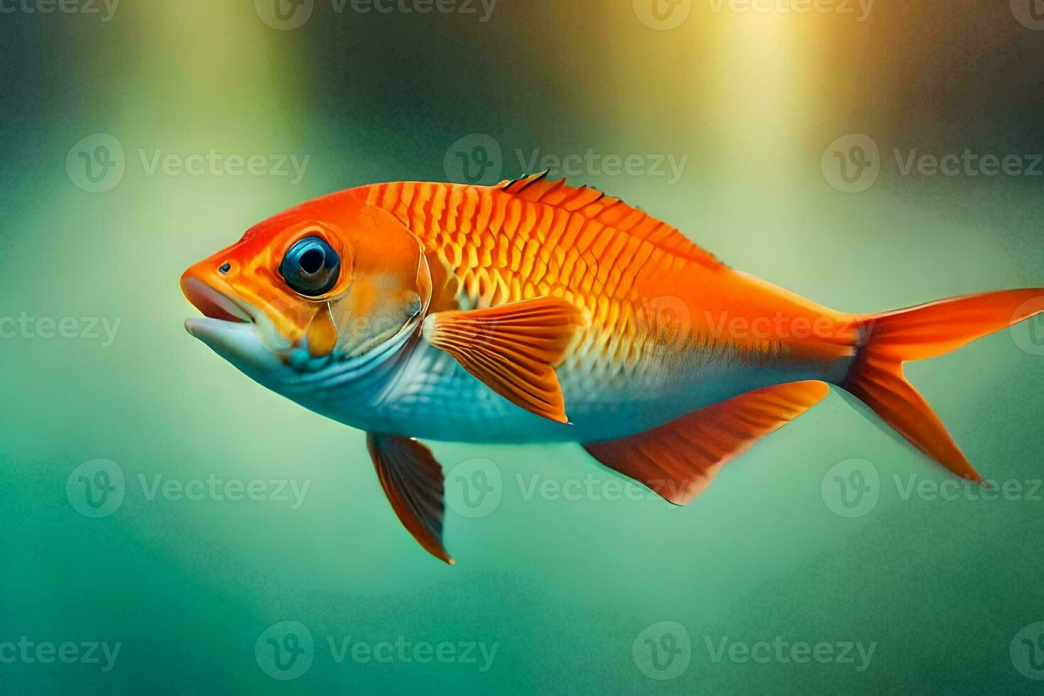 en fisk med ljus orange ögon och en lång svans. ai-genererad foto