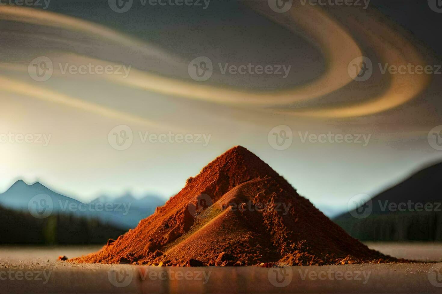 en lugg av röd pulver Sammanträde på topp av en berg. ai-genererad foto