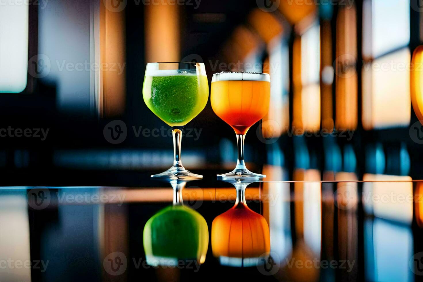 två glasögon av juice på en tabell med en reflexion av de solnedgång. ai-genererad foto