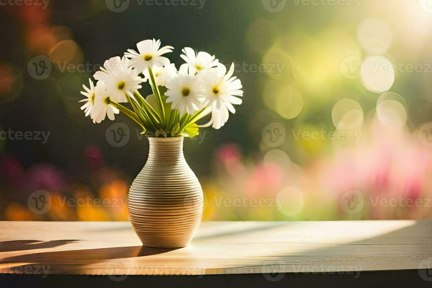 en vas med vit blommor på en tabell i främre av en suddig bakgrund. ai-genererad foto