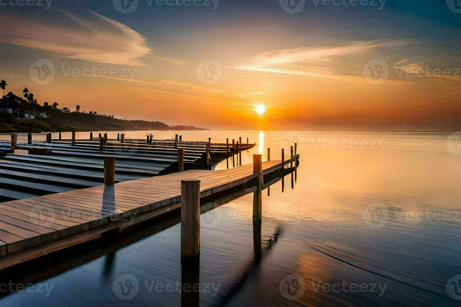 en pir på solnedgång med en trä- docka. ai-genererad foto