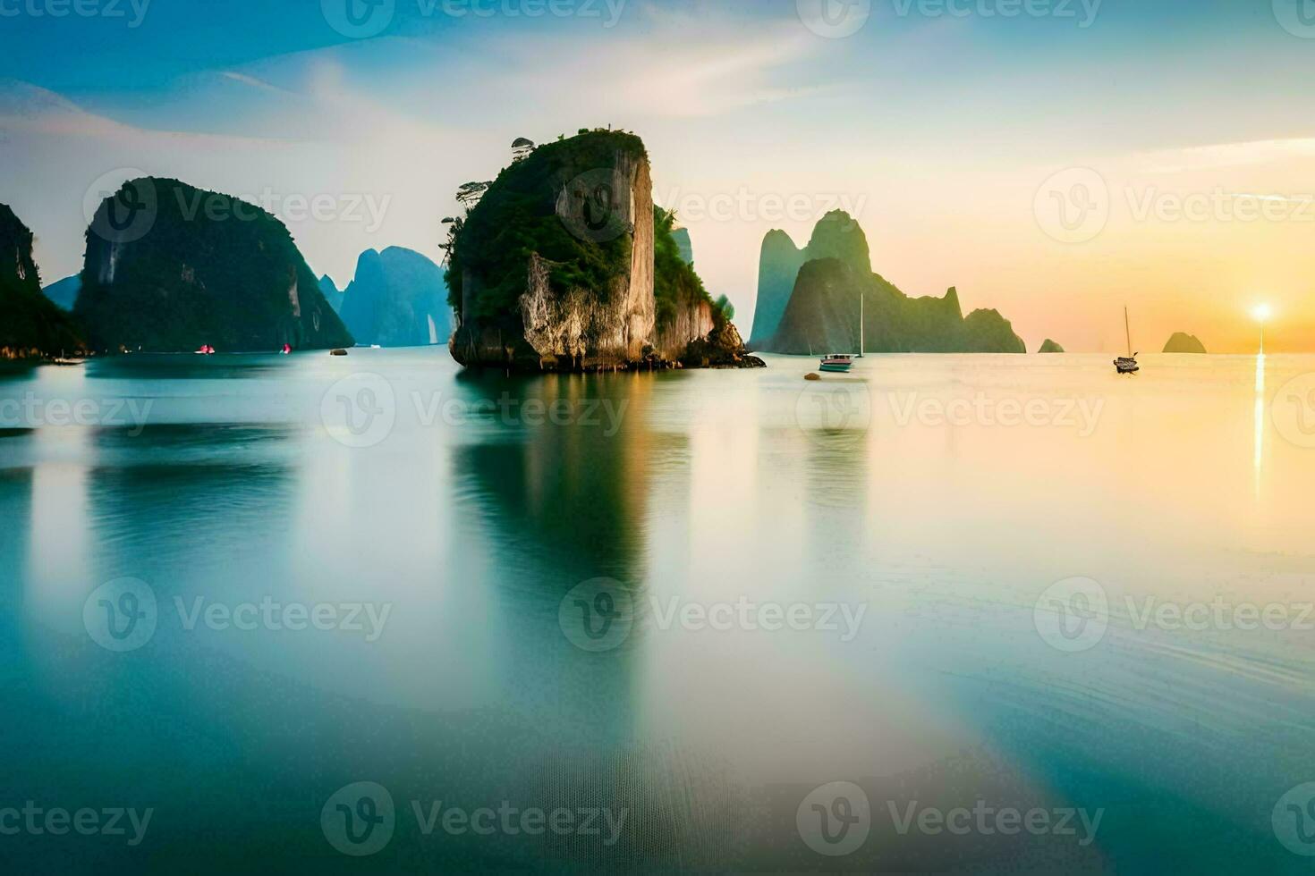 de Sol uppsättningar över de vatten i halong bukt, vietnam. ai-genererad foto