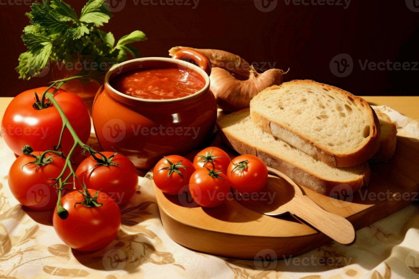 sammansättning av färsk pastej tomater och hemlagad bröd. generera ai foto
