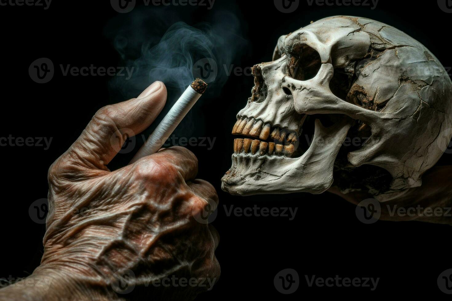 begrepp sluta rökning med mänsklig skalle på svart bakgrund. generera ai foto