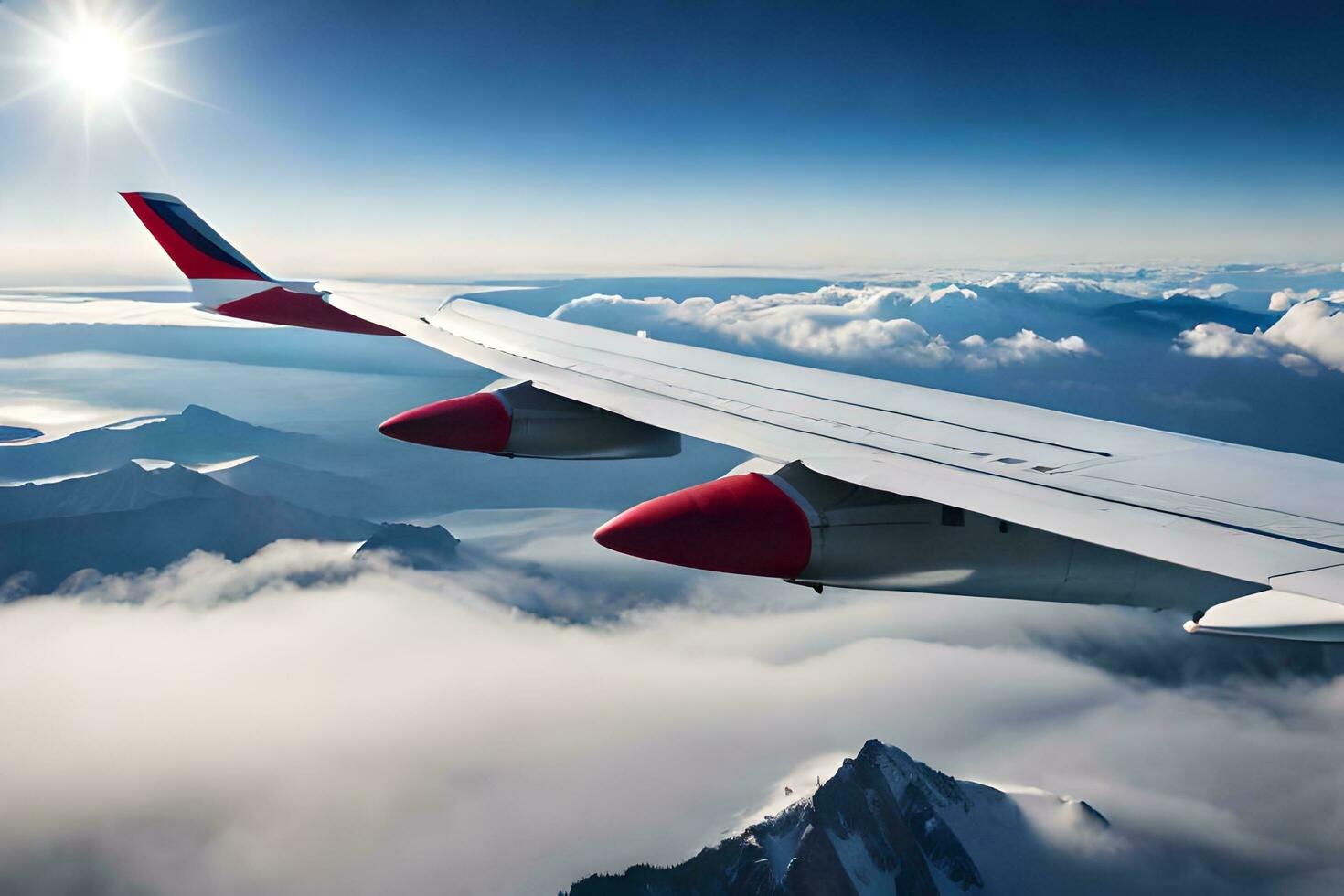 ett flygplan vinge flygande över en berg räckvidd. ai-genererad foto