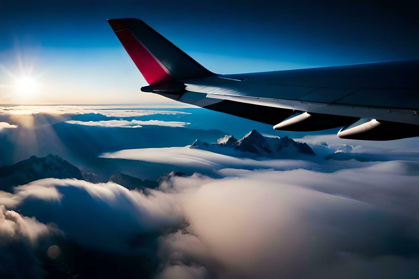 ett flygplan vinge är sett flygande över de moln. ai-genererad foto