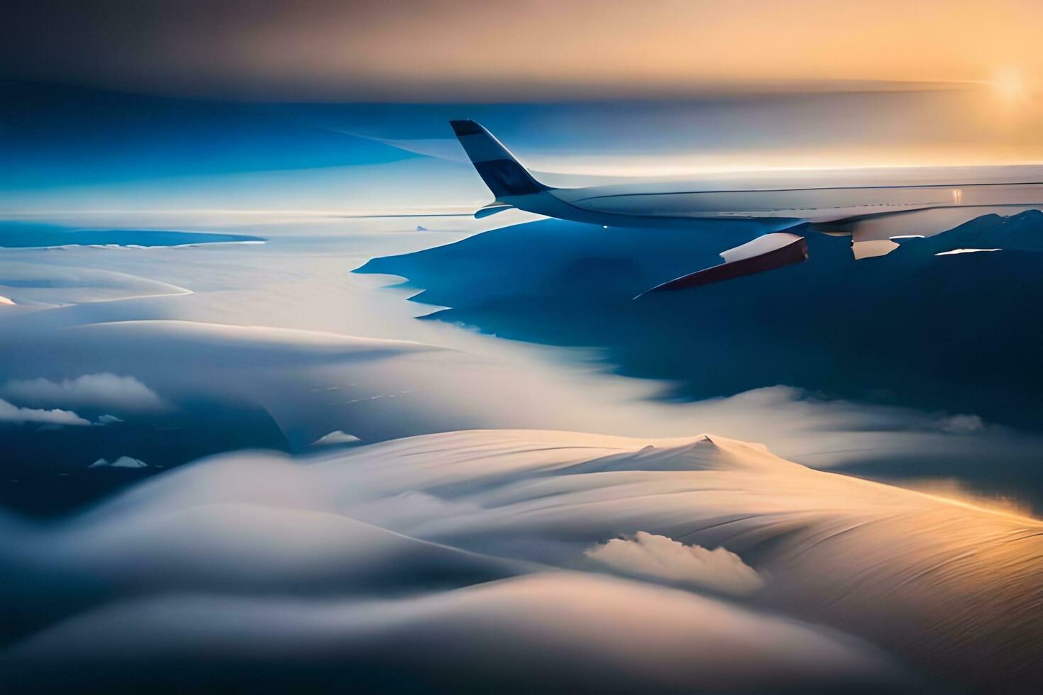 ett flygplan flygande över moln och berg. ai-genererad foto