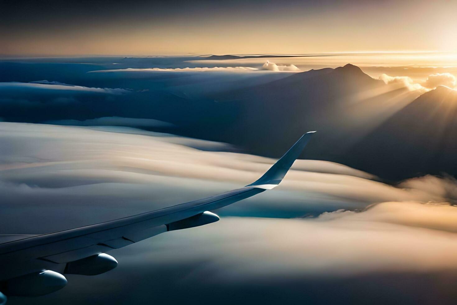 ett flygplan vinge flygande över moln med Sol strålar. ai-genererad foto